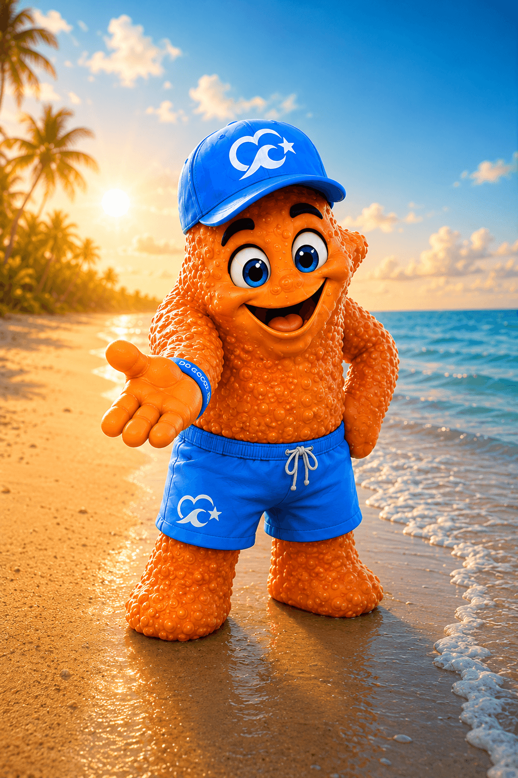 La mascota estrella de mar de The Tide en una playa al amanecer, tendiendo la mano